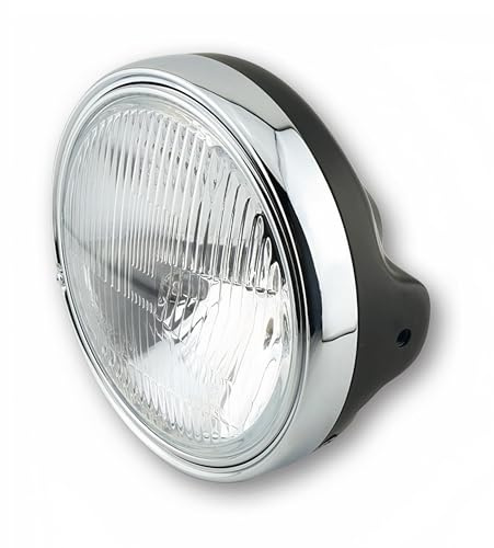 SHIN YO Hauptscheinwerfer 12 V H4, Gehäuse schwarz, Scheinwerferring verchromt | Schwarzes Metallgehäuse zur seitlichen Befestigung; H4-Einsatz mit Standlicht, verchromter Ring und 12 V Ausführung
