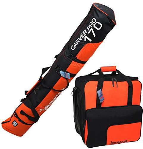 BRUBAKER Kombi Set Skisack und Skischuhtasche für 1 Paar Ski bis 170 cm + Stöcke + Schuhe + Helm Schwarz Orange