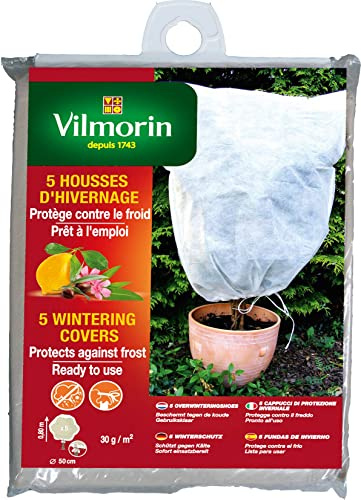 VILMORIN Lot de 5 Housses d'hivernage, Blanche, 0.80X 0.80, Diamètre 50 cm, 30g/m2, prêt à l'emploi, protège Contre Le Froid, Blanc/Tan