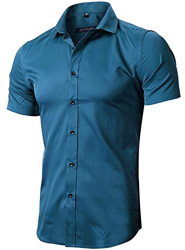 INFLATION Camicia in Fibra di bambù da Uomo, Manica Corta, Slim Fit, T-Shirt Formale per Uomo, Turchese Scuro, 42