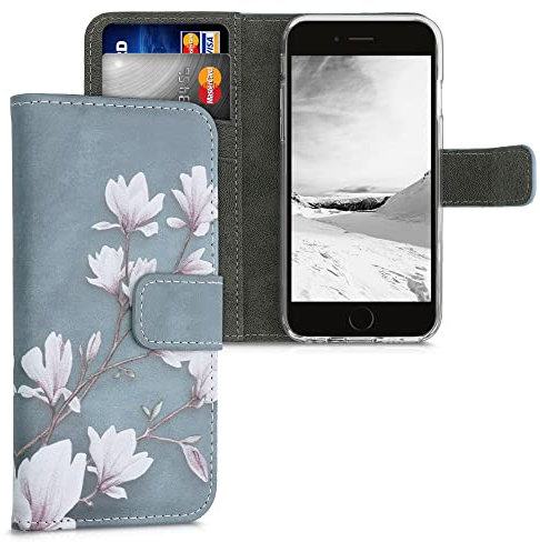kwmobile Wallet Case kompatibel mit Apple iPhone 6 / 6S Hülle - Cover mit Ständer und Kartenfächern - Magnolien Taupe Weiß Blaugrau