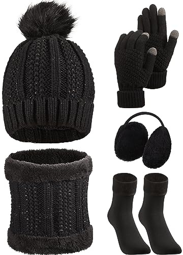 SATINIOR 5 Pcs Winter Hat Scarf Gloves Set Fleece Warm Lined Knit Beanie Hat Touch Screen Earmuff Gloves Warmer for Women(Black,Classic Style)