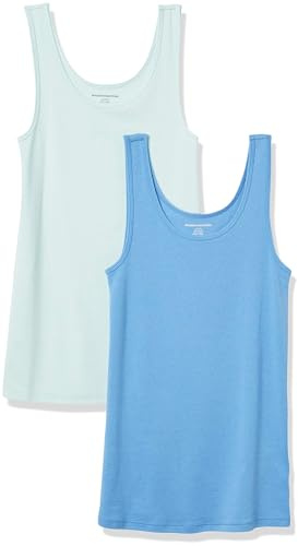 Amazon Essentials Women's Slim-Fit Scoop Neck Tank Top, Pack of 2, Aqua Blue/French Blue, Large