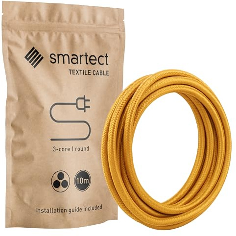 smartect Textilkabel Gold, 10 Meter Vintage Lampenkabel Stoff, 3-Adrig (3 x 0.75 mm²) Stromkabel Textilummantelt für eigenes DIY Projekt