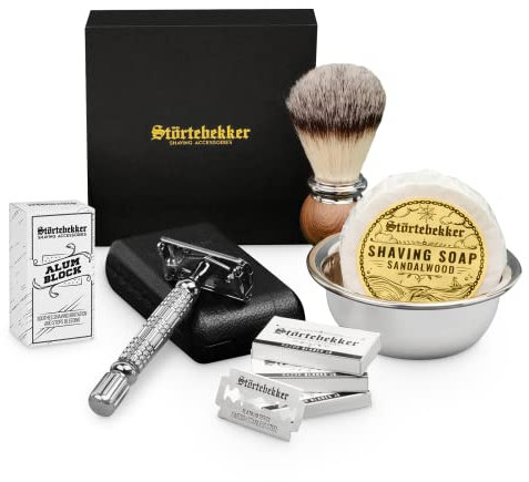 Störtebekker® Premium Rasierhobel Set für Herren im handgefertigten Lederetui - Rasierset mit Rasierpinsel, Rasierschale Edelstahl, Rasierseife, Alaunstein und Rasierklingen - Bartpflege Set Männer