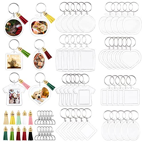 Mardatt 84 Pcs 8 Type Photo Frame Keychain Set, Clear Picture Insert Blank Keyrings with Split Ring and Tassels for Custom DIY Key Chain Projects and Crafts（Square, Heart, Oval, Round, Rectangle,ect