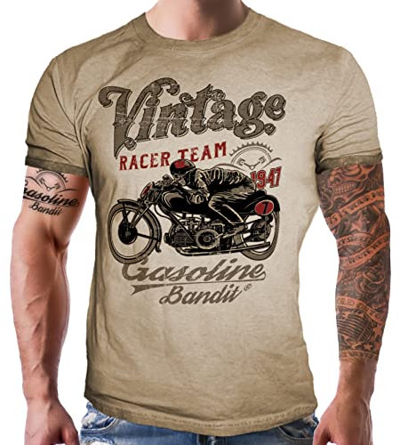 Gasoline Bandit - Maglietta da motociclista, design originale, Vintage Racer, colore nero, Sabbia lavata, XL