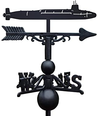 Vanguard Submarine Weathervane Cast Iron & Steel Garden Roof Weather Vane with Universal Mounting Bracket & Directional Arrow, Midnight Black Finish