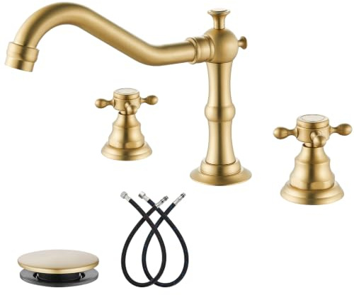 gotonovo 3 Hole Widespread Bathroom Sink Faucet Double Cross Handle Mixer Tap Faucet for Bathroom Sink Vanity Faucet Deck Mount Basin Hot Cold Water Matching Pop Up Drain Brushed Gold