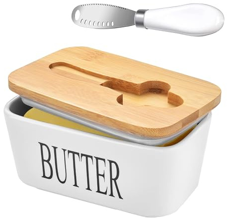 Lovelyduo Ceramic Butter Dish with Bamboo Lid Large Butter Keeper Container with Curler Knife and Double Silicone Sealing Butter Holder Rectangle White