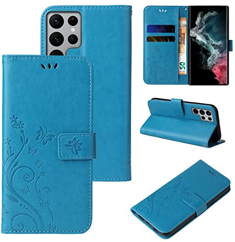 LBH Handy Hülle für Samsung Galaxy S22 Ultra Case Handytasche Schmetterling Blumen Flower Standfunktion Schutzhülle Magnet Rundum Schutz 360 Grad Flipcase Cover Blau