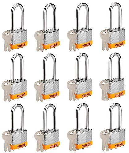 VIUIOE 12 Pcs Keyed Alike Padlocks with Keys - Long Shackle Gym Locker Lock with Keys - Laminated Pad Locks with Same Keys for Door, Luggage, Gate, Storage, Fence, Cabinet, Garage, Shed, Latch