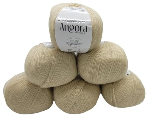 6 x 100 g Strickgarn Papatya Angora einfarbig mit 20% Merino Wolle, 600 Gramm Strickwolle uni (natur 9220)