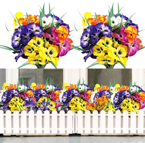 FOUSUKA 10 Bundles Artificial Pansy Flowers UV Resistant Plastic Plants Fake Silk Faux Flowers for Outdoor Planters Home Indoor Outside Garden Porch Window DIY Decoration (Multicolor)
