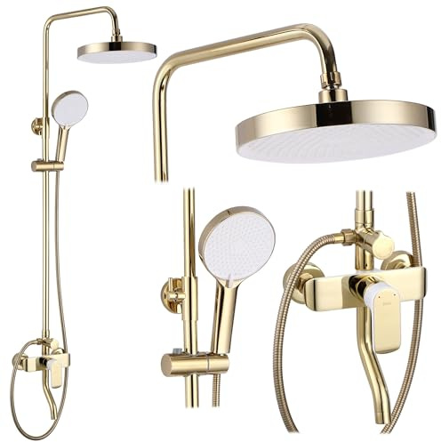 Rea Duschsystem BLOOM WHITE GOLD Duschset Duscharmatur mit Duschkopf und Kopfbrause aus Messing Duschgarnitur für Badezimmer (Weiß/gold)