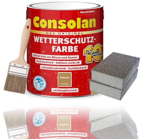 Consolan Wetterschutzfarbe Set 2,5 l Holzfarbe Dauerschutz Deckend mit Zubehör (Rehbraun)