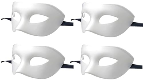 LECMACY Lot de 4 masques de bal masqué pour homme et femme, en plastique hautement élastique, pliable, couleur unie, convient à tous les bals de fin d'année, blanc