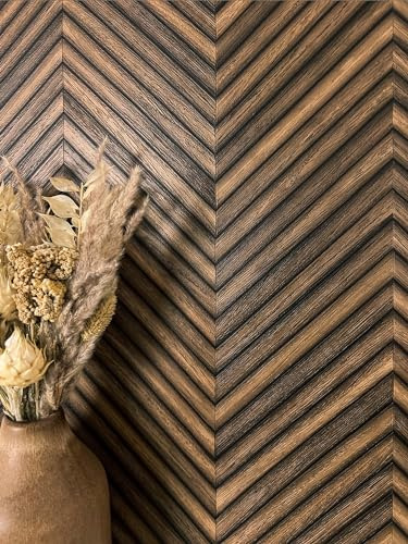Newroom Vliestapete Braun Holzoptik Nussbaum Wohnzimmer Edel Tapete | Fischgrätmuster aus Holzlamellen, 3D-Wirkung, dunkle Nusstöne, matt, Mustertapete, Wandtapete, Esszimmer Flur
