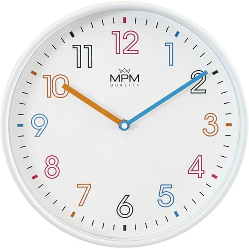 MPM Quality Orologio da parete per bambini colorato Joanna, in plastica di colore bianco, con numeri pastello, ∅ 300 mm, movimento al quarzo e scorrevolezza (Sweep), vetro minerale, con numeri arabi