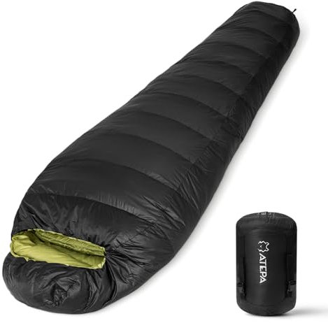 ATEPA 700FP Down Sleeping Bag for Adults, Ultralight 0 Degree Mummy Sleeping Bag with RDS Down & Recycled 15D Nylon Shell for Backpacking Camping Hiking, ISO Limit 35°F, Black