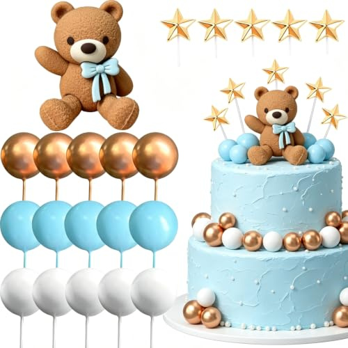 26 PCS Bear Cake Decoration, Teddy Bear Cake Decorations Mini Balls Cake Toppers, Teddy Bear Cupcake Toppers Blue Gold White Foam Balloon Pearl Ball for Baby Shower Birthday Party Supplies