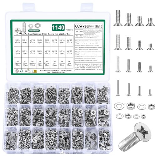 Set di 1140 viti M3 M4 M5 M6, viti a testa svasata e dadi, set di viti a testa piatta e a croce, set con rondelle (argento, M3 M4 M5 M6)