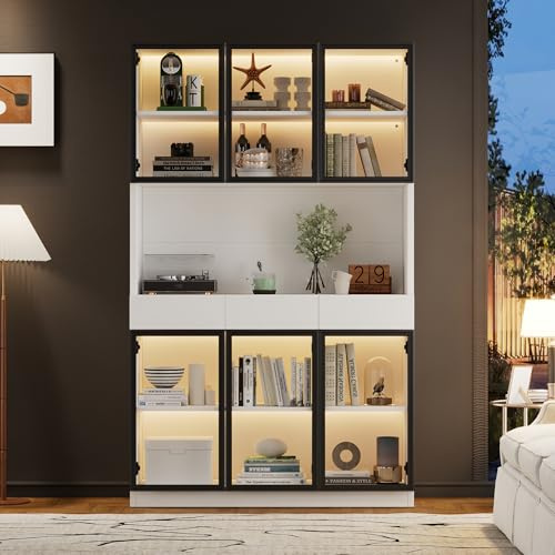 YESGIGA Glasschrank Tür 200cm hoch Weißer Vitrinenschrank mit Lichtern, Multi Storage Bücherregal für Sammlung Schlafzimmer Wohnzimmer Büro (30X120X200 cm)