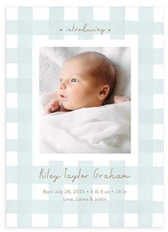 Let's Make Memories Personalized Baby Announcement Cards - Birth, Adoption - Boy, Girl - Premium Quality Custom Photo Cards for Mailing - 5x7 - Includes White Envelopes - Soft Plaid - 50 ct