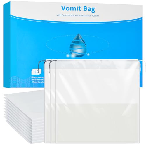 AOGOE Sacs à Vomi Jetables, 12PCS Sac à Vomi étanche 1000mL avec tampons Super absorbants, Absorbants Sacs à vomi Zéro Odeur, Sac Vomissement Voiture, Sac Vomitoire Enceintes pour Enfant et Adulte