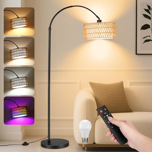 YICAIZI Stehlampe Wohnzimmer - 9W LED Dimmbar Bogenlampe mit Fernbedienung & RGB E27 Lampe, Bogen Stehende Lampe 900 Lumen Stehend Leselampe mit 3 Farbtemperaturen für Schlafzimmer, Büro, Schwarz