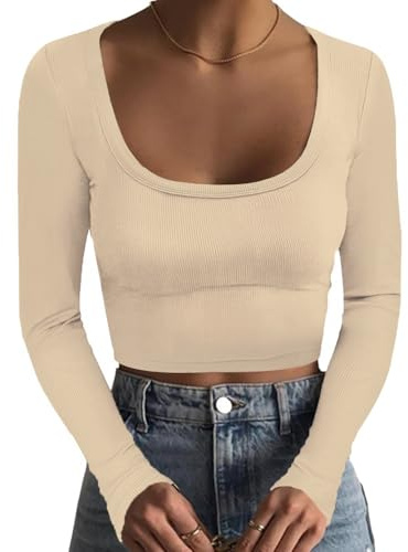 DUOEASE Tee Shirt Manche Longue Femme Col Rond Côtelé Crop Top Femme Slim Fit Basique Haut Blanc Cassé L