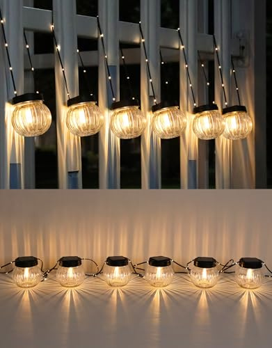 PARTPHONER Solar Lights Outdoor Waterproof 12-Pack, Solar Powered Hanging Lantern Ribbed Glass Hanging Globes for Yard Decor Christmas Decoration, Shepherd Hook, Garden Tree Ornaments, Clear