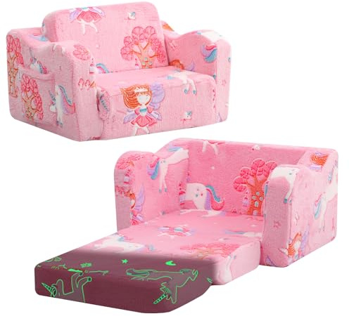 MeMoreCool 2-in-1 Kindersofa Ausklappbares Rosa Mädchen | Kindersessel mit Schlaffunktion, Mini Spielcouch für Kinderzimmer Kuschelecke, geeignet für Mädchen und Jungen