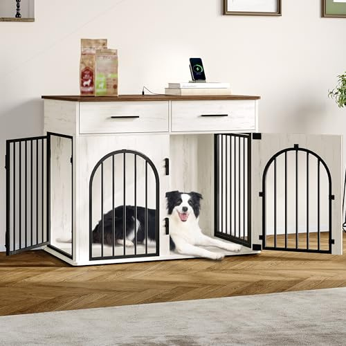 Hzuaneri Dog Crate Furniture with 2 Drawers, Large Wooden Dog Crate with Charging Station, Indoor Kennel End Side Table for Small Medium Large Dogs, Anti-Chew Anti-Escape, White Brown DFC87214B