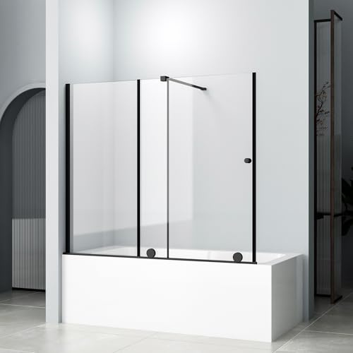 Hopibath Badewannenaufsatz schiebetür Duschwand für Badewanne mit Schiebetür 115x140cm, Schwarz Badewannenaufsatz Duschtrennwand Schiebetüren ausziehbar 70-115 cm, mit Haltestangen & Rollensystem