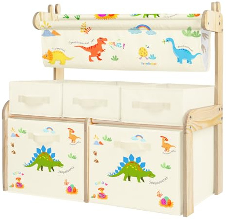 alldomess Libreria Bambini con 5 Cestini e Porta libri in Tessuto, Organizzatore Giochi in Legno per Cameretta, Scaffale 3 Ripiani per Asilo, Aula o Playroom, Dinosauri