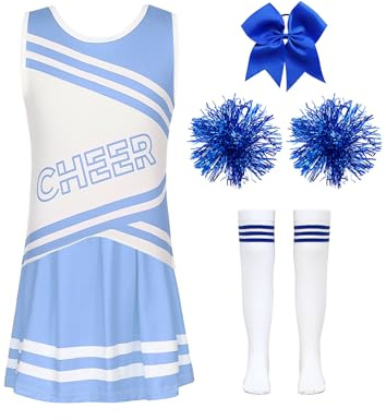 Mufeng Déguisement Pompom Girl Fille Uniforme Cheerleading Robe avec Pompons Chaussettes Cheveux Cosplay Carnaval Halloween Bleu 4-5 ans