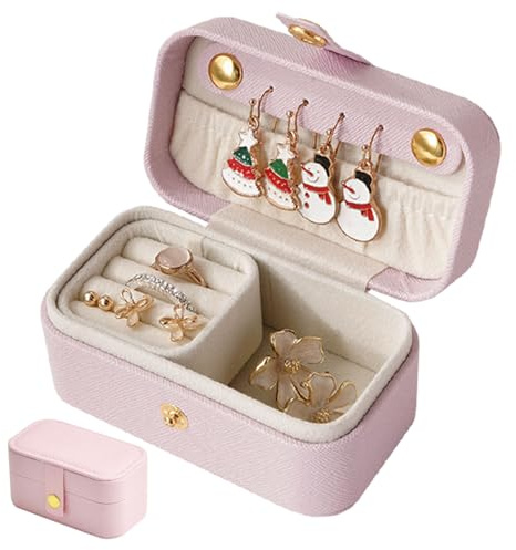 KASESSS Mini Joyeros Mujer Organizador, Organizador Joyas 2 Niveles, Organizadors de Joyas Cuero PU, Portátil Joyero Viaje Caja para Anillos Pendientes Pulseras, Forro de Terciopelo, Botón de Presión