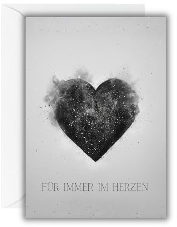 WBdesignz Beileidskarte „Für immer im Herzen“ mit weißem Umschlag - Trauerkarte mit Herzmotiv, Schwarz-Weiß - Beerdigung - Stilvolle Kondolenzkarte mit emotionaler Symbolik zur Anteilnahme (DIN A6)
