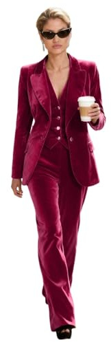 Botong Costume 3 pièces en velours pour femme avec revers en pointe, blazer à un bouton, gilet et pantalon