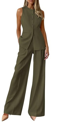 PRETTYGARDEN Women's 2 Piece Sets Summer 2026 Work Clothes Sleeveless Blazer Vest Pants Suits Spring Business Casual Outfits (Army Green,Small)