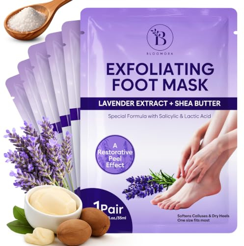 Exfolierande fotmask (6 st) - återfuktande fotpeeling med sheasmör och lavendel, exfolierande strumpor för torr och skadad hud, reparerande vård för män och kvinnor, Foot Peel Mask - GEN2