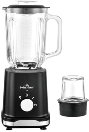 SWISS HAUS - Colección Lago Ginebra SH-BL2315G Licuadora con molinillo - 500 W Negro - Jarra de vidrio de 1,5 L - 4 cuchillas de acero inoxidable - 2 velocidades de pulso - Patas antideslizantes