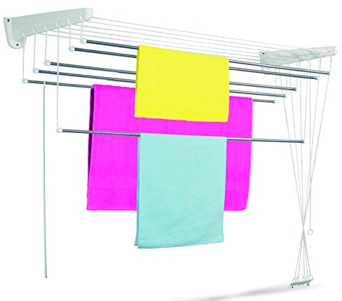 Casabriko 79010 Stendibiancheria Telescopico a Saliscendi da Parete e Soffitto, Inox e Resina, Bianco, 95-165x41x135 cm
