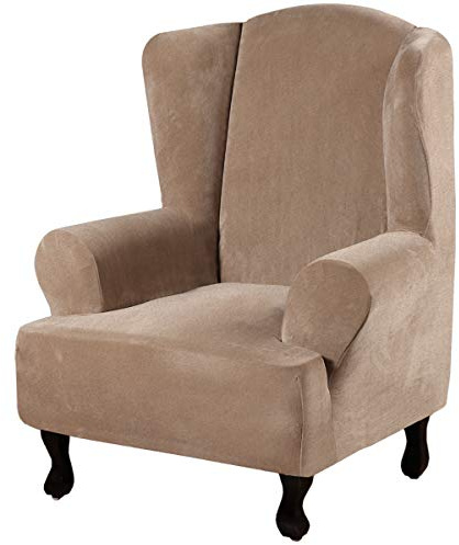 H.VERSAILTEX Wingback Chair Covers Velvet Plush Wing Chair Slipcover 1 Piece High Stretch Wing Back Chair Slipcovers Sofa Cover Furniture Cover with Elastic Bottom, Camel
