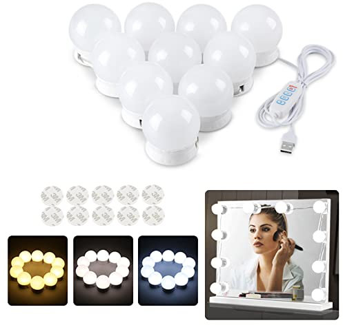 SANLION Lampes de miroir, lumières de miroir de salle de bain, lumières de miroir de coiffeuse, câble USB avec 10 ampoules à intensité variable, 3 modes de couleur et 10 luminosités