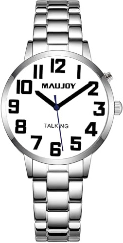 MAUJOY Montre Parlante pour Hommes - Son Fort, Grands Chiffres, Bracelet en Acier Inoxydable - Idéale pour Personnes Âgées et Aveugles