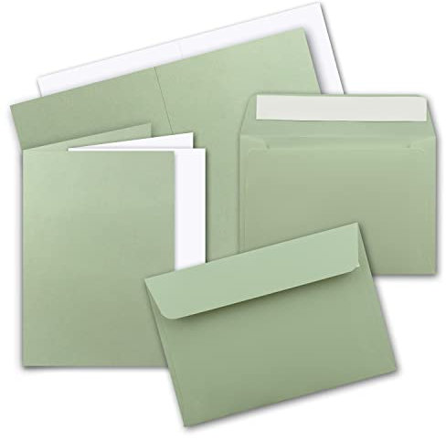25x Faltkarten Set mit Einleger DIN A6 / C6 - Doppelkarten mit Umschlägen und Einlegern - Eukalyptus (Grün) - 14,8 x 10,5 cm (105 x 148 mm) - Haftklebung
