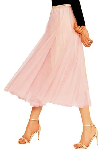 Luna et Margarita Jupe Beige Champagne Mi Longue Femme Tutu en Voile à Couches Plissée avec Taille Contrastante Taille XL