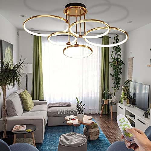 WERSVG Modern LED Deckenleuchte Wohnzimmerlampe Deckenlampe gold 5-Ring Deckenleuchte 108W 8640LM Dimmbar 3500K-6500K Mit Fernbedienung flurlampe decke, für Wohnzimmer Schlafzimmer Küche Esszimmer